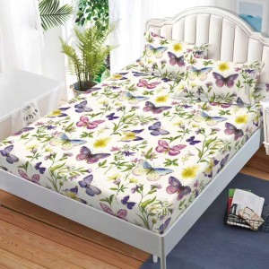 Cearșaf cu Elastic, Bumbac Satinat, 160x200 cm + 2 Fețe de Pernă 50x70 cm, Crem, fluturi colorati Cearșaf cu Elastic, Bumbac Satinat, 160x200 cm + 2 Fețe de Pernă 50x70 cm, Crem, fluturi colorati