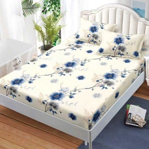 Cearșaf cu Elastic, Bumbac Satinat, 160x200 cm + 2 Fețe de Pernă 50x70 cm, Crem, flori albastre Cearșaf cu Elastic, Bumbac Satinat, 160x200 cm + 2 Fețe de Pernă 50x70 cm, Crem, flori albastre