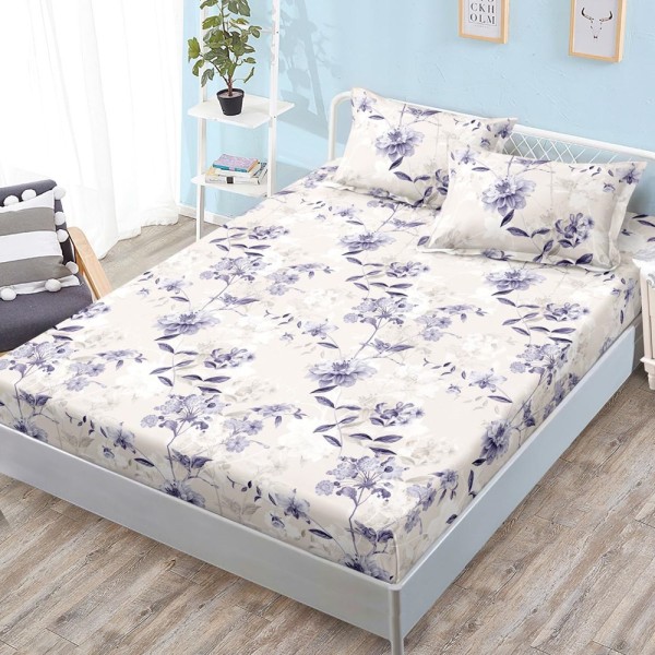 Cearșaf cu Elastic, Bumbac Satinat, 160x200 cm + 2 Fețe de Pernă 50x70 cm, Bej, flori mov [1]