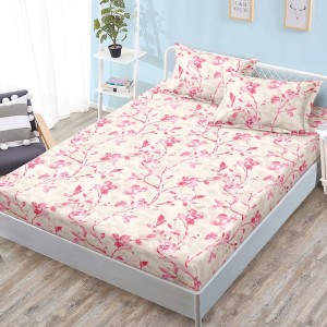 Cearșaf cu Elastic, 160x200 cm + 2 Fețe de Pernă 50x70 cm, Bej, flori roz Cearșaf cu Elastic, 160x200 cm + 2 Fețe de Pernă 50x70 cm, Bej, flori roz