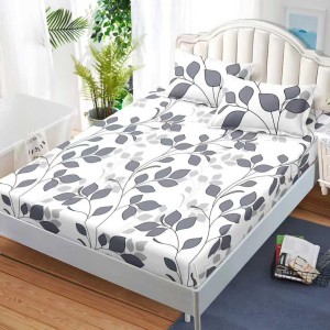 Cearșaf cu Elastic, Bumbac Satinat, 160x200 cm + 2 Fețe de Pernă 50x70 cm, Alb, frunze gri Cearșaf cu Elastic, Bumbac Satinat, 160x200 cm + 2 Fețe de Pernă 50x70 cm, Alb, frunze gri