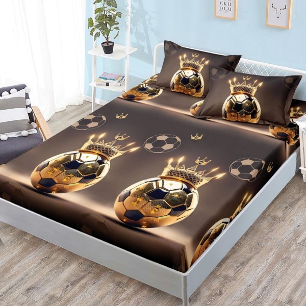 Cearșaf cu Elastic, Bumbac Satinat, 160x200 cm + 2 Fețe de Pernă 50x70 cm, Maro, minge de fotbal [1]