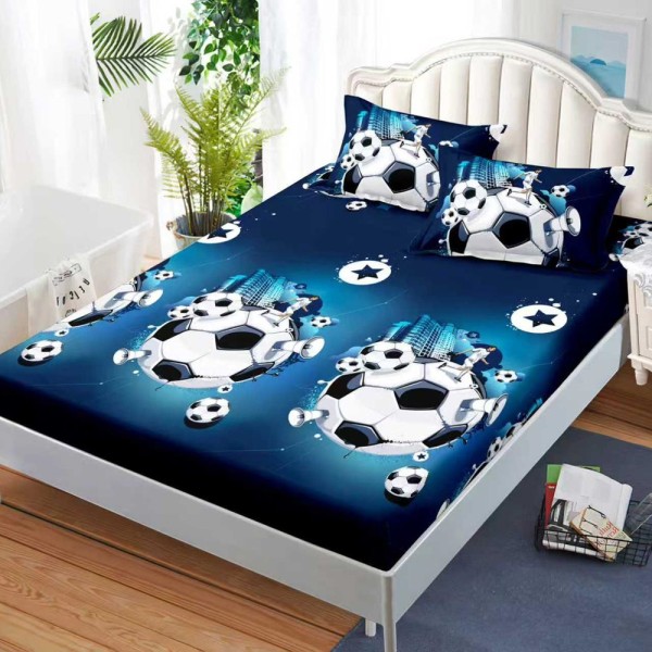 Cearșaf cu Elastic, Bumbac Satinat, 160x200 cm + 2 Fețe de Pernă 50x70 cm, Albastru, minge de fotbal [1]