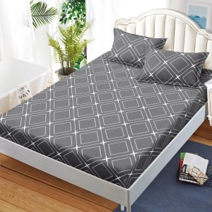 Cearșaf cu Elastic, Bumbac Satinat, 160x200 cm + 2 Fețe de Pernă 50x70 cm, Gri, romburi Cearșaf cu Elastic, Bumbac Satinat, 160x200 cm + 2 Fețe de Pernă 50x70 cm, Gri, romburi