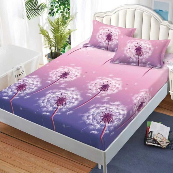 Cearșaf cu Elastic, Bumbac Satinat, 160x200 cm + 2 Fețe de Pernă 50x70 cm, Lila, papadii [1]