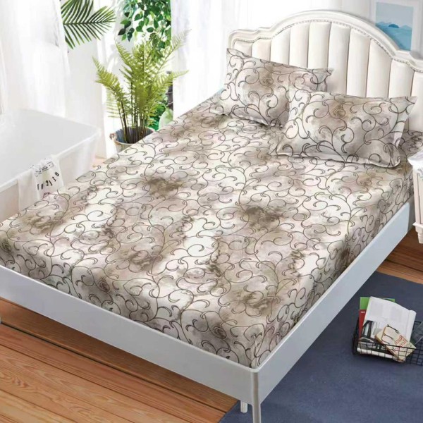 Cearșaf cu Elastic, Bumbac Satinat, 160x200 cm + 2 Fețe de Pernă 50x70 cm, Bej, abstract [1]