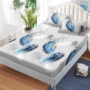 Cearșaf cu Elastic, Bumbac Satinat, 160x200 cm + 2 Fețe de Pernă 50x70 cm, Gri, pene albastre Cearșaf cu Elastic, Bumbac Satinat, 160x200 cm + 2 Fețe de Pernă 50x70 cm, Gri, pene albastre