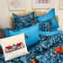 Lenjerie pat dublu, Finet, 6 piese, Albastru, fluturi portocalii [6]
