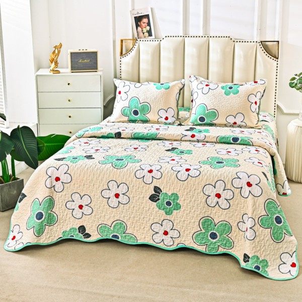 Cuvertura Matlasata din Bumbac Satinat, cu Bordura în Valuri (220x230 cm) + 2 Fete de Perna (60x80 cm), Crem, Verde, Flori [1]
