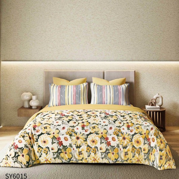 Lenjerie pat dublu,  FINET, Imprimeu Digital, cu ELASTIC, Crem, Multicolor, Flori [1]