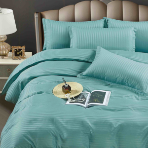 Lenjerie HoReCa, pat dublu, Damasc Finetat Deluxe cu Elastic, 6 piese, Jojo Home, Menta