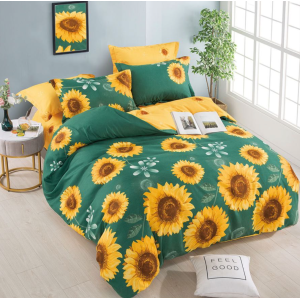 Lenjerie pat dublu,  FINET, 6 piese, Jojo Home, Verde, Galben, flori