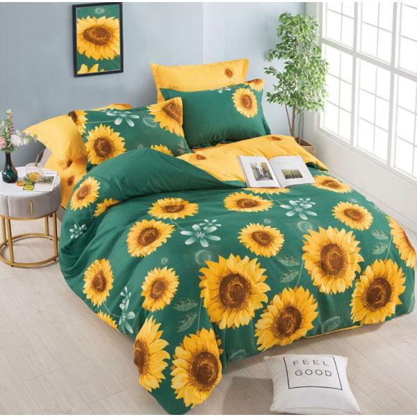 Lenjerie pat dublu,  FINET, 6 piese, Jojo Home, Verde, Galben, flori [1]