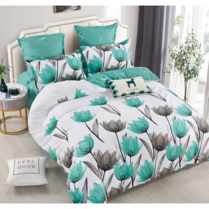 Lenjerie pat dublu, FINET, 6 piese, cu ELASTIC, Jojo Home, Alb, Turquoise, Lalele