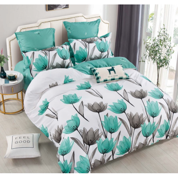 Lenjerie pat dublu, FINET, 6 piese, cu ELASTIC, Jojo Home, Alb, Turquoise, Lalele [1]