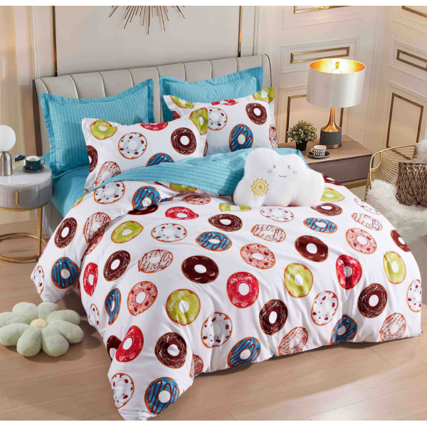Lenjerie pat 1 PERSOANA,  FINET, 4 piese, Jojo Home, Alb, Multicolor, Gogosi [1]