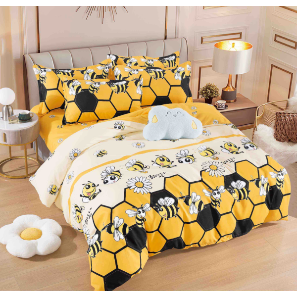 Lenjerie pat 1 PERSOANA,  FINET, 4 piese, Jojo Home, Galben, Fagure, Albinute [1]