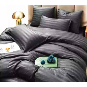 Lenjerie HoReCa DeLuxe, pat dublu, Damasc cu Dunga latã de 3cm, 6 piese, Gri Antracit