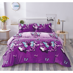 Lenjerie pat dublu, Super Pufoasa COCOLINO,cu ELASTIC, 4 piese, Mov, Fluturi