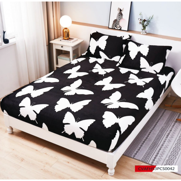 Cearsaf cu Elastic Cocolino 180x200cm si 2 fete de perna 50x70cm, Negru, Fluturi Albi [1]