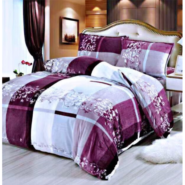 Lenjerie pentru Pat Dublu, Cocolino Premium, 4 Piese – Plușată, Groasă, și Călduroasă, Ideală pentru Iarnă –  Confort Maxim, Antișifonare, Gri, Mov, Patratele, Flori [1]