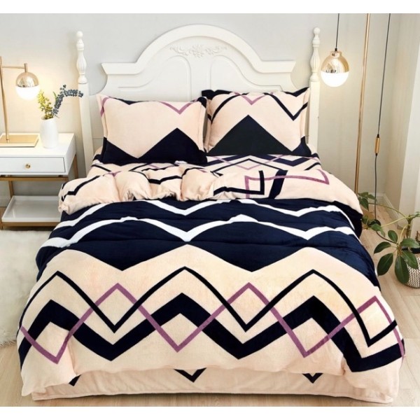 Lenjerie pentru Pat Dublu, Cocolino Premium, 4 Piese – Plușată, Groasă, și Călduroasă, Ideală pentru Iarnă –  Confort Maxim, Antișifonare, Crem, Bleumarin, Zig-Zag [1]