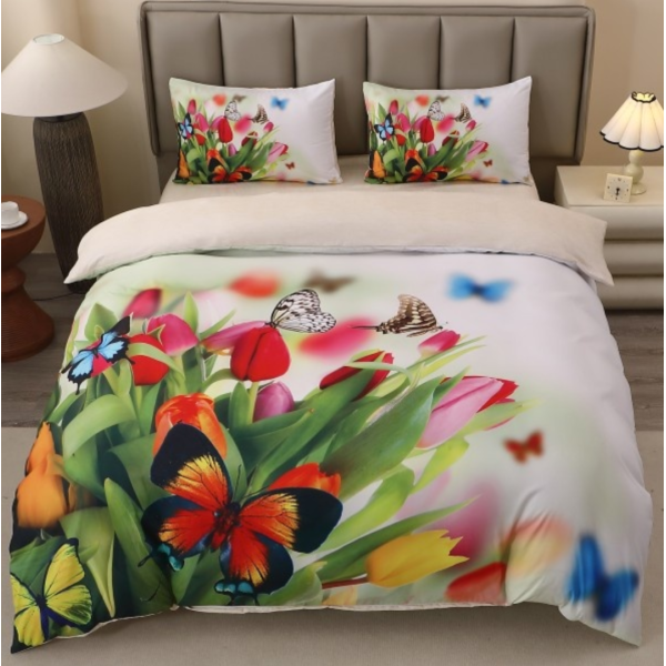 Lenjerie pat dublu, FINET, Imprimeu Digital 5D - Identic cu poza, Cu ELASTIC, 4 piese, Vernil, Fluturi si Lalele [1]