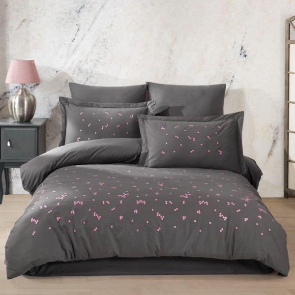 Lenjerie Pat Dublu, Bumbac 100% Poplin, cu Broderie, 4 piese, Hobby Șpring - Gri [1]