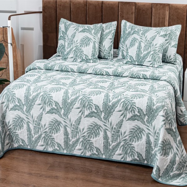 Cuvertura Pat Dublu, Bumbac cu In, Model Brodat Direct în Tesatura, 230x250 cm, 2 fete de perna 52x72cm, 2 fete de perna 46x46cm, Alb, Verde, Frunze [1]
