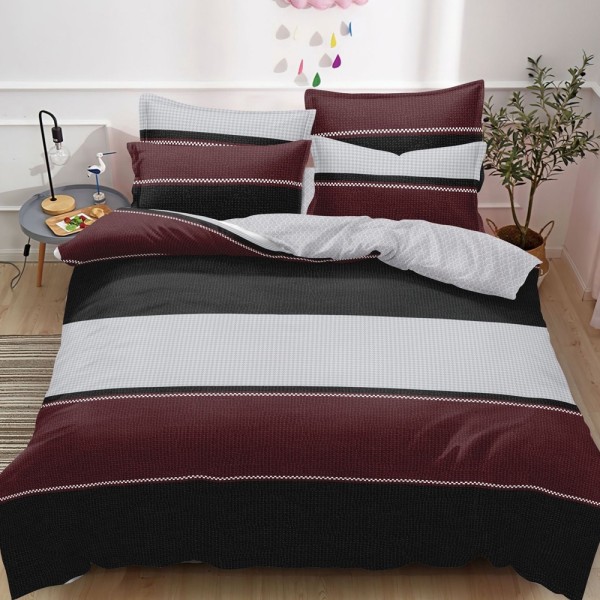 Lenjerie pat dublu (160x200cm, 180x200cm),  FINET, 6 piese, cu ELASTIC, Gri, Grena, dungi [1]