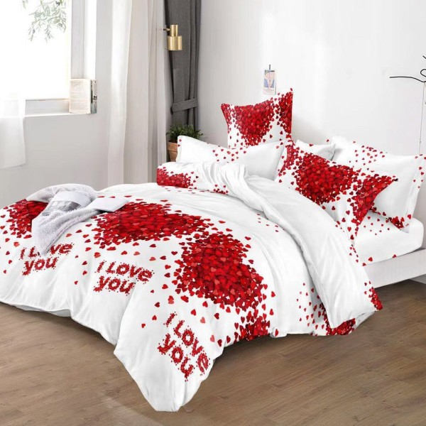 Lenjerie pat dublu (160x200cm, 180x200cm),  FINET, 6 piese, cu ELASTIC, alb, rosu, inimioare [1]