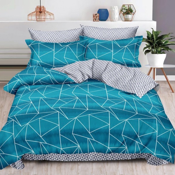 Lenjerie pat dublu (160x200cm, 180x200cm),  FINET, 6 piese, cu ELASTIC, albastru, gri, dungi [1]