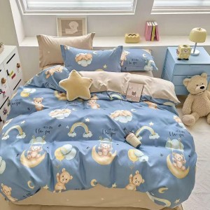 Lenjerie pat dublu (160x200cm, 180x200cm),  FINET, 6 piese, cu ELASTIC, bleu, bej, ursuleti