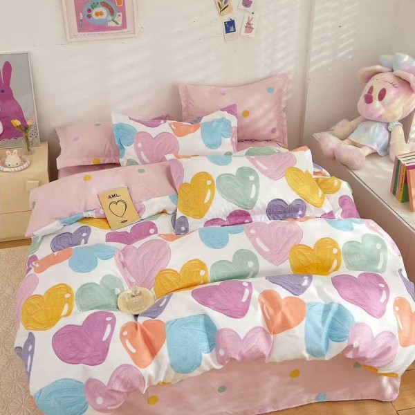 Lenjerie pat dublu (160x200cm, 180x200cm),  FINET, 6 piese, cu ELASTIC, alb, multicolor, inimioare [1]