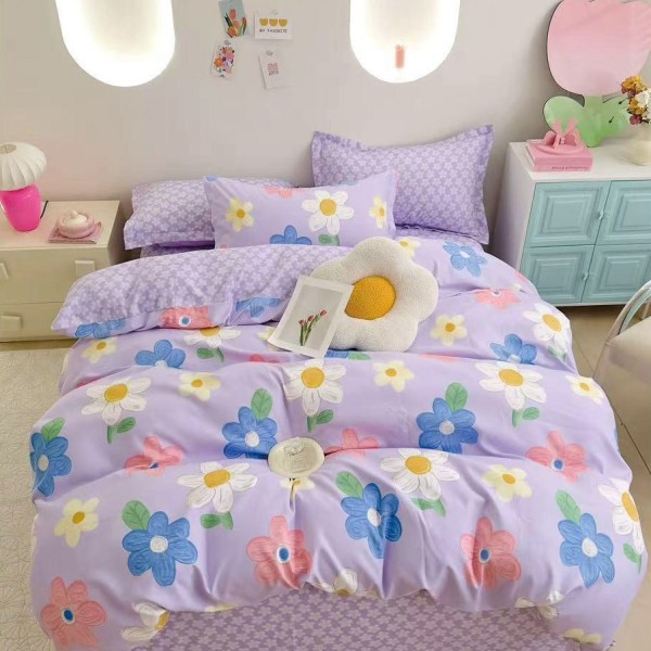 Lenjerie pat dublu (160x200cm, 180x200cm),  FINET, 6 piese, cu ELASTIC, mov, flori [1]