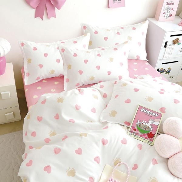 Lenjerie pat dublu (160x200cm, 180x200cm),  FINET, 6 piese, cu ELASTIC, Alb, Roz, inimioare [1]