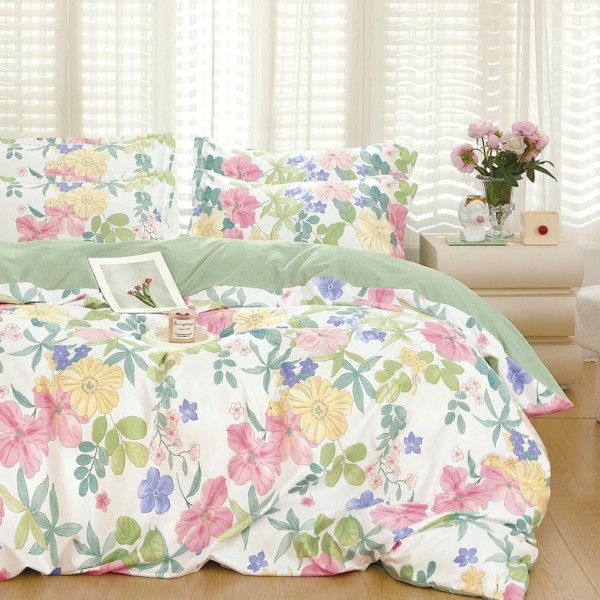 Lenjerie pat dublu (160x200cm, 180x200cm),  FINET, 6 piese, cu ELASTIC, Alb, Verde, floricele [1]