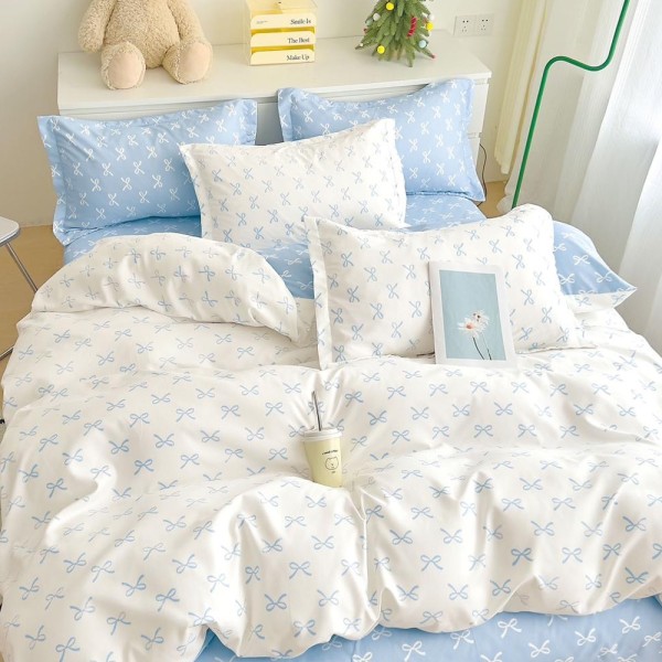 Lenjerie pat dublu (160x200cm, 180x200cm),  FINET, 6 piese, cu ELASTIC, Alb, Bleu, fundite [1]
