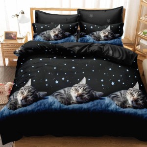 Lenjerie pat dublu cu ELASTIC, Finet, 6 piese, Negru, pisicute