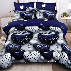 Lenjerie pat dublu cu ELASTIC, Finet, 6 piese, Albastru, inimioare