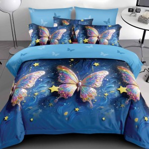 Lenjerie pat dublu cu ELASTIC, Finet, 6 piese, Albastru, fluturi