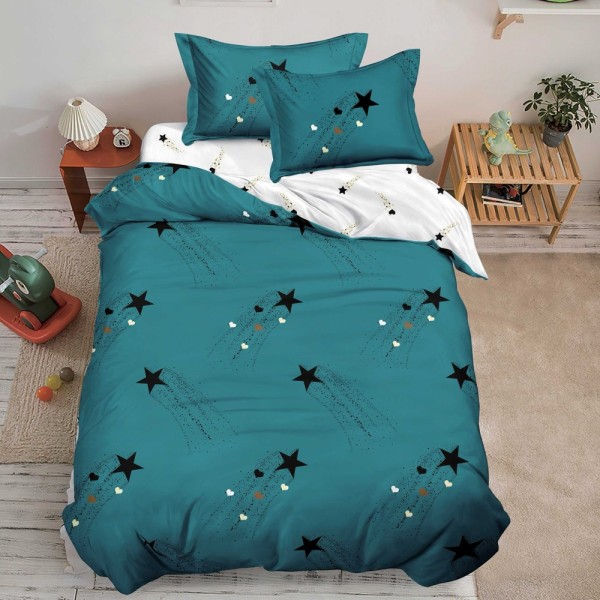 Lenjerie pat 140x200cm,  FINET, 4 piese, cu ELASTIC, Verde, stelute [1]