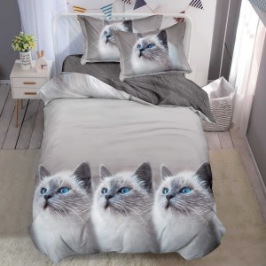 Lenjerie pat 140x200cm,  FINET, 4 piese, cu ELASTIC, Gri, pisici