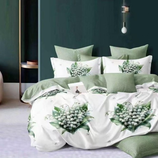 Lenjerie pat dublu (140x200cm, 160x200cm, 180x200cm), FINET, 6 piese, Alb, Verde, flori [1]