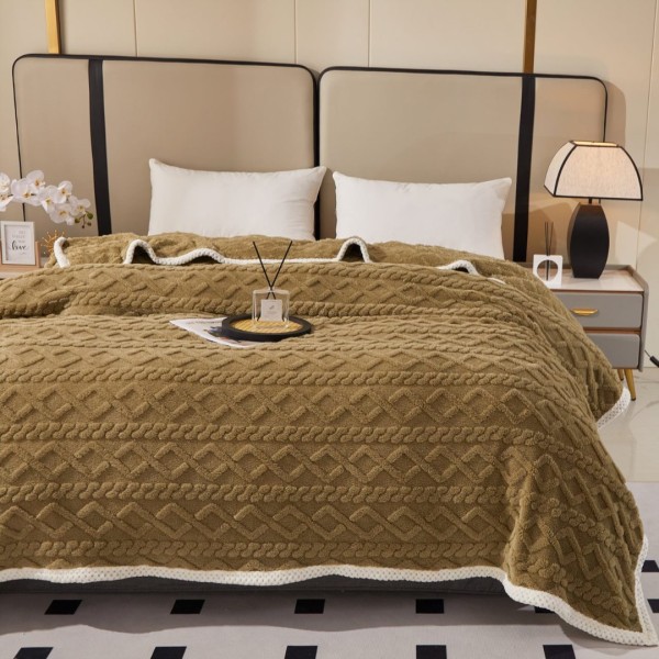 Pătură Premium, 200x230cm, CoCoLiNo, Grofată, cu Model 3D Tip Tricotaj și Bordură din Blăniță Contrastantă – Eleganță și Căldură Absolută, Bej Maroniu [1]