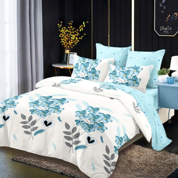 Lenjerie pat dublu,  FINET, cu elastic, 6 piese, Alb, Bleu, Flori, Inimioare [1]