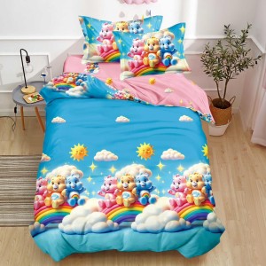 Lenjerie pat 1 PERSOANA, FINET, 4 piese, Bleu, Roz, ursuleti, curcubeu