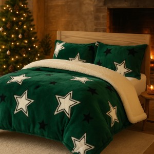 Lenjerie pat dublu cu Elastic, Super Pufoasa COCOLINO cu BLANITA, 4 piese, Verde, Stelute