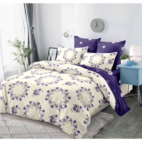 Lenjerie pat dublu, FINET, 6 piese, Bej, Mov, flori [1]