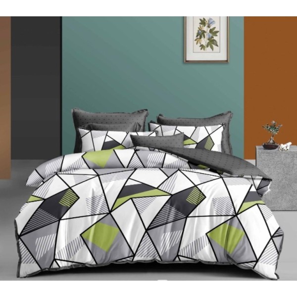 Lenjerie pat dublu, FINET, 6 piese, Gri, Alb, Verde, Forme Geometrice [1]